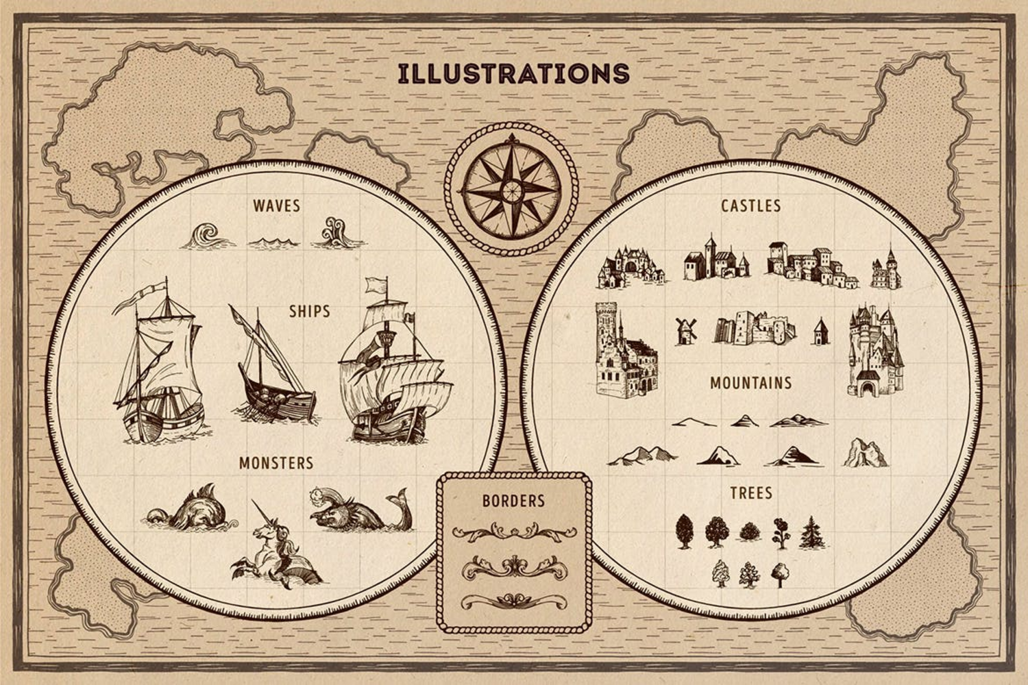 4878 复古手绘大航海时代地图AI矢量元素包Magic Lands – Vintage Map